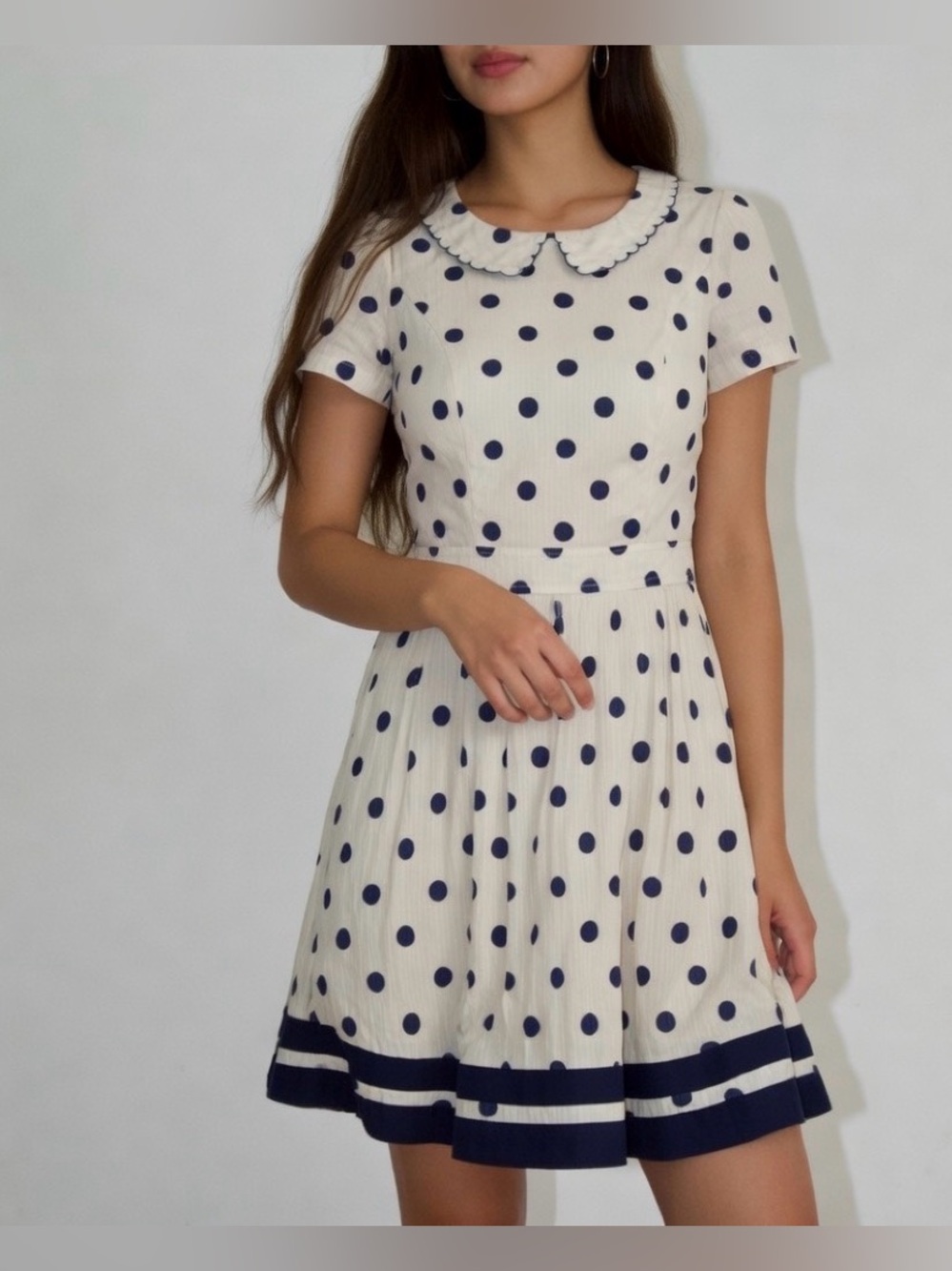 E-Land White Navy Polka Dot Peter Pan Collar Mini Dress Size 4